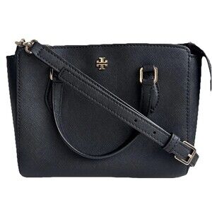 Tory Burch Emerson Black Saffiano Mini Tote Crossbody Bag Gold Logo